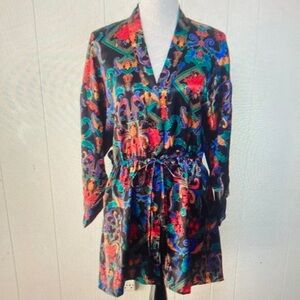 Black Multicolor Paisley Satin Robe with Tie Waist